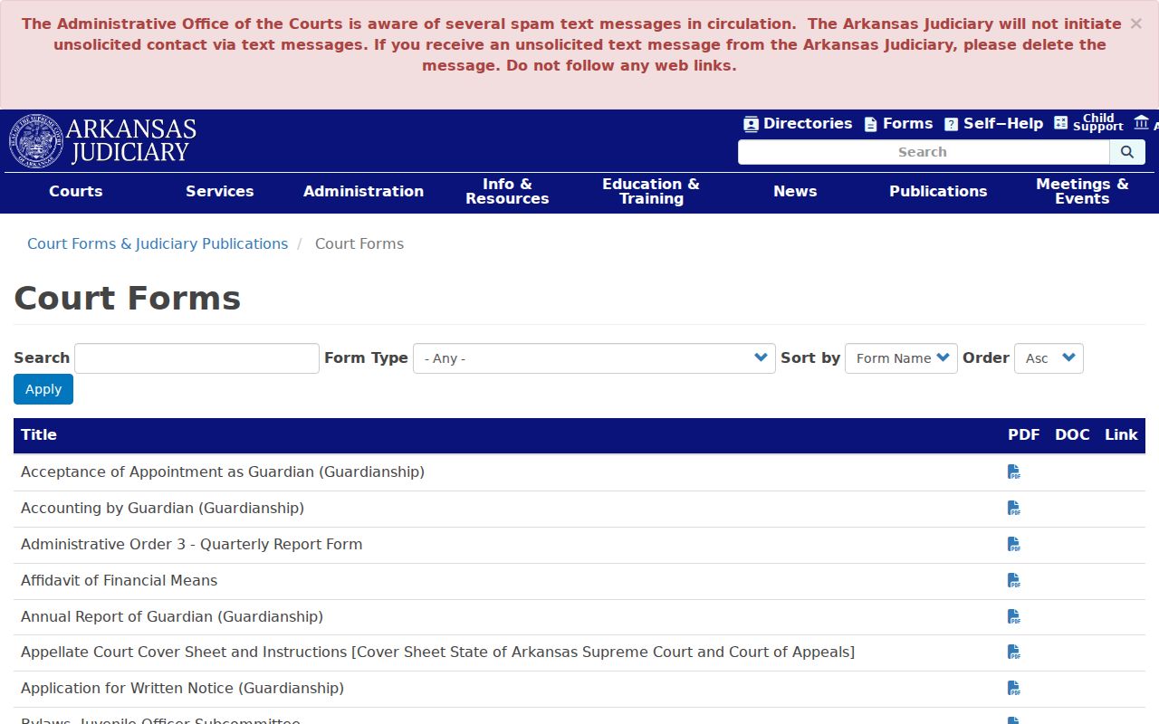 Arkansas court forms index for arrest warrant and summons documents